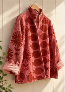 Vestes bomber en velours russe rose corail de luxe pour femmes, col montant, broderie à la main, écologiques, réversibles, manteau d'automne - Product Image 3