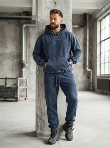 Conjunto de Sudadera con Capucha y Pantalones Deportivos para Hombre, Color Azul Marino, Lavado Ácido, con Estampado Gráfico, Algodón Grueso, Ropa Deportiva Urbana, Marca Privada Personalizada - Product Image 3