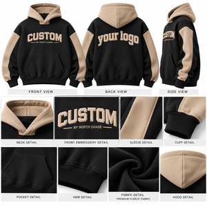 Nueva Sudadera con Capucha Estilo Color Block Bordada Personalizada, Color Marrón Beige, con Bolsillo, Unisex, Informal, de Forro Polar, para Invierno, 100% - Product Image 5
