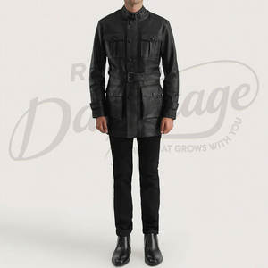 เสื้อแจ็คเก็ตหนังแท้สีดำสำหรับผู้ชาย ทรงสลิมฟิต มีกระเป๋าหลายช่อง สไตล์ซาฟารี พร้อมเข็มขัด คอตั้ง เสื้อคลุมอเนกประสงค์ - Product Image 4