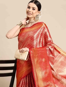KV <b>Red</b> Brocade Heavy Zari Woven <b>Saree</b> With Unstitched Blouse - Product Image 1