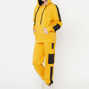Ensemble de survêtement à capuche pour femme, jaune et noir, coupe ample, manches longues, sweat-shirt et pantalon décontractés, 100% coton, vêtements d'automne - Product Image 1