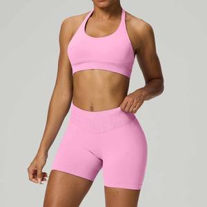 Women's ActiveWear Gym Sets Custom Logo Fitness Clothing Lightweight Seamless Yoga <b>Bra</b> Shorts Elastic Waist Closure Crew Neck - Product Image 6