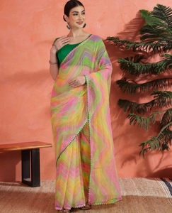 Sari KV con Estampado Geométrico, Leheria Georgette, Multicolor, Ropa Étnica Tradicional para Mujer, para Bodas, Fiestas y Festivales, sin Costuras - Product Image 4