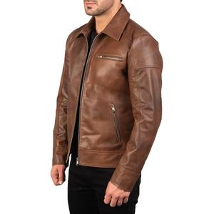 Veste en cuir unisexe en cuir de vachette marron, style motard, col rond, fermeture éclair, qualité export. - Product Image 1