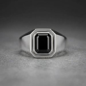 Anillo de Sello Unisex de Plata de Ley 925 con Baño de Rodio, Ónix Negro de 8x10mm con Corte Esmeralda y Engaste de Bisel, para Uso Diario - Product Image 1