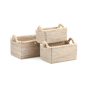 Seagrass <b>Basket</b> with Wooden Bead Handles, <b>Rectangular</b> Organizer with White Plastic Strings - Product Image 1