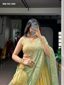 Best Quality NC Moss Silk with <b>Sequin</b>-Thread Embroidered <b>Flared</b> Can-Can Yellow Lehenga-Choli Set with Batwa Wholesale Supply - Product Image 6