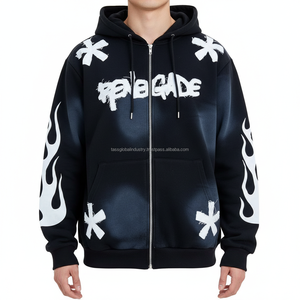Sweat à capuche unisexe entièrement zippé, style streetwear, coupe oversize, broderie effet usé, personnalisable, vente en gros OEM - Product Image 3