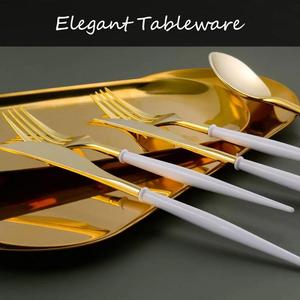 Ensemble de 3 couverts en métal doré et blanc (cuillère, fourchette, couteau) – Décoration de table, mariage, vaisselle de table, dernières nouveautés - Product Image 3