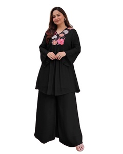 ชุดเซ็ตสองชิ้นสำหรับผู้หญิง ผ้าจอร์เจตต์แท้ ทรงขากว้าง ดีไซน์ปักลายอย่างประณีต เพื่อความสบายและสง่างาม ผลิตจากโพลีเอสเตอร์ - Product Image 1