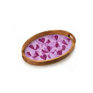 Oval <b>Wood</b> Serving <b>Tray</b> With Purple Heart Geometric Pattern Laminated Finish Handle Residential Use - Product Image 1