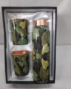 Pure Copper Water Bottle With 2 Tumbler Glasses Set <b>Leaves</b> Design Lacquer Finish 1000ml Drinking Drinkware Bulk Office Home Use - Product Image 1