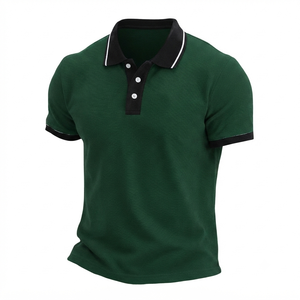 Camiseta de Golf Personalizada para Hombre, Verde, Manga Corta, Poliéster, Antiarrugas, Estilo Casual Elegante, Cuello y Puños Negros, Ropa Deportiva, Estilo Business - Product Image 1