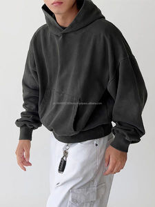 <b>Brown</b> Cropped Hoodies for Men 100% Cotton Winter Retro Style Heavyweight Embroidered Boxy Fit - Product Image 3