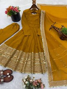 Ensemble Anarkali brodé jaune moutarde avec dupatta, longueur cheville, tenue traditionnelle indienne et pakistanaise pour femme - Product Image 5
