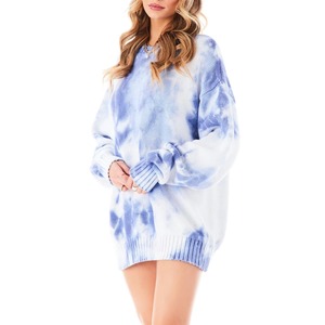 Pull en tricot tie-dye bleu surdimensionné pour femme, robe pull en maille épaisse, coton acrylique, manches longues, personnalisable OEM - Product Image 3