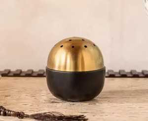 Traditional Style Brass Incense <b>Burner</b> With Perforated Lid Aromatherapy Diffuser Black Base Gold Interior All Season Use - Product Image 6