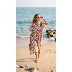 Boho Yellow Floral Handprint Kaftan Dress With <b>Tie</b> <b>Back</b> Loose Fit Short Sleeve Cotton Beach Cover-Up - Product Image 1
