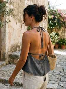 Top Halter Bohemio de Algodón Orgánico 100% para Mujer |   Top con espalda descubierta y lazo en la cintura para todas las estaciones |   ODM Vintage Hecho a Medida - Product Image 4