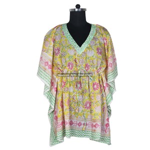 Robe Kaftan pour femmes en coton 100% - Imprimé à la main - KFCS097 - Légère - Vêtement décontracté pour occasions spéciales - Robe Kaftan courte - Product Image 4