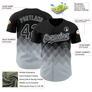 Maillot de baseball personnalisé pour homme, manches courtes, impression sublimée, polyester respirant, dégradé noir-gris, nom et numéro de l'équipe sur le devant - Product Image 3