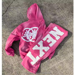 Conjunto Deportivo Personalizado para Hombre de Dos Piezas, Estilo Urbano Desgastado, Holgado, Transpirable, de Punto, con Estampado Digital, 380 GSM, 100% Algodón, Sudadera con Capucha - Product Image 2