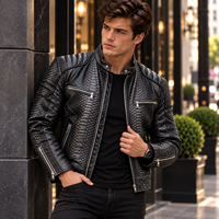 Veste de motard en cuir de vache véritable à col montant respirant pour homme, noir et gris, avec motif serpent, style streetwear, pour l'hiver