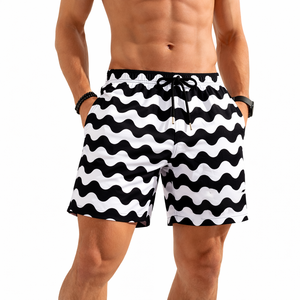 Shorts de bain élégants pour hommes à motif ondulé, taille élastique avec cordon de serrage, shorts décontractés confortables pour la plage et l'été - Product Image 1