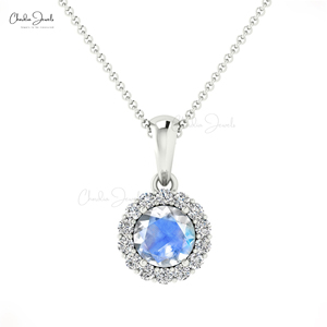 Colgante Halo de Oro Sólido de 14k Hecho a Mano con Piedra Lunar Arcoíris Natural de Corte Brillante de 4mm y Diamantes, Proveedor Mayorista - Product Image 2