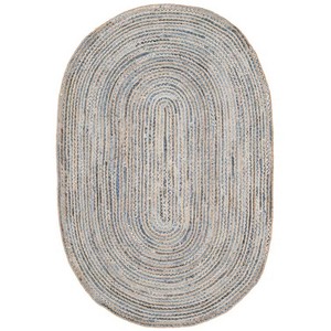 Tapis ovale en jute tressé, rayé bleu-gris, style côtier, réversible, à poils plats, pour salon - Product Image 1