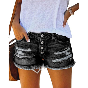 Shorts en jean gris anthracite déchirés pour femme, boutonnés, avec ourlet effiloché, décontractés, pour l'été - Product Image 1