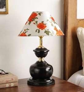 Vintage floral <b>table</b> lamp rose pattern fabric shade black metal base artistic <b>bedside</b> nightstand light home decor accent elegant - Product Image 4