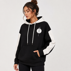 Women's Black <b>White</b> Color Block Hooded <b>Sweatshirt</b> With Floral Print Cotton Knitted Casual Autumn Wear - Product Image 1