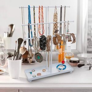 Présentoir à bijoux rectangulaire moderne avec barres réglables pour colliers, boucles d'oreilles, bracelets, bagues, organisateur de rangement blanc - Product Image 1
