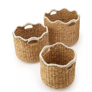 New Arrival Scalloped White Woven Water Hyacinth <b>Basket</b> Set With Handles Handmade <b>Plant</b> Pot Cover Living Room Home Decor - Product Image 2