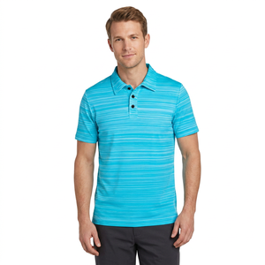 Men's <b>Blue</b> Striped Knitted <b>Polo</b> <b>Shirt</b> Short Sleeve Quick Dry Casual 100% Polyester - Product Image 2