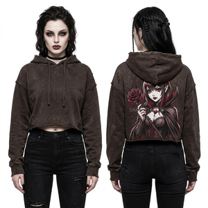 Sudadera con capucha corta gris personalizada con lavado ácido, bajo sin rematar, estampado gráfico de serpiente, cobra y calice, estilo streetwear para mujer, de forro polar. - Product Image 5