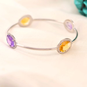 กำไลข้อมือแฮนด์เมดทรงวงรีประดับพลอยอเมทิสต์และซิทริน รุ่นทไวไลท์ โซลสติซ บนตัวเรือนเงินแท้ 925 สองสี ดีไซน์โดดเด่น - Product Image 1