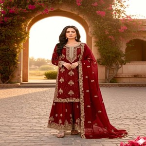 Ensemble haut, pantalon et dupatta en soie brodée VASTRA COTTAGE, avec sequins et travail de diamants Jarkhan, entièrement cousu, pour femmes, idéal pour les fêtes. - Product Image 4