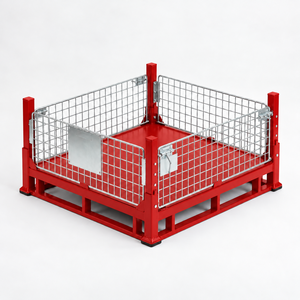 Palette pliable en acier rouge, conteneur industriel empilable à 4 entrées, capacité de charge dynamique de 2500 lb, charge de 25 lb, modèle personnalisable PLT-04 - Product Image 1