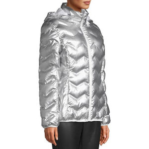 Hooded Puffer <b>Jacket</b> <b>Silver</b> Plaid Pattern Windproof Zipper Front Regular Length Unisex Casual Winter Outerwear Polyester/Nylon - Product Image 4
