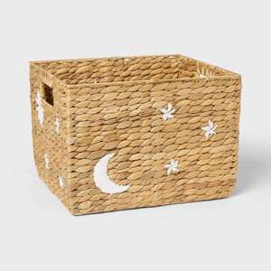 Panier en jacinthe d'eau avec poignées découpées, dessus ouvert, rectangulaire, tressé, blanc, motif lune et étoile, bac de rangement décoratif pour enfants - Product Image 1