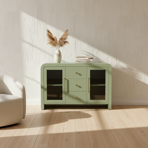 PKP FURNITURE Modern Living Room Cabinet with 3 Drawers and 2 Glass Doors Solid Wood <b>Storage</b> <b>Sideboard</b> Furniture - Product Image 3