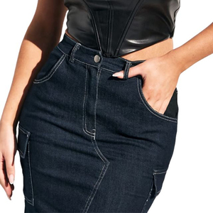 Hot Sale Custom Design Women Button up Long Length Skirts Summer Washed 100% Cotton Fabric Denim Skirt - Product Image 3