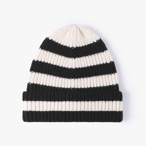 Unisex Striped Knit Beanie Hat 100% Acrylic Cuffed <b>Winter</b> <b>Cap</b> Casual Style for Adults Olive and Cream Color - Product Image 2