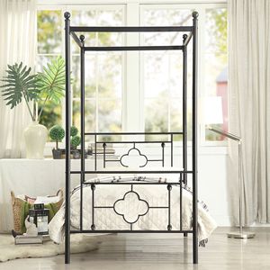 Modern Traditional 1pc Twin Platform <b>Canopy</b> <b>Bed</b> Black Finish Metal <b>Frame</b> with Ball Finials - Product Image 5