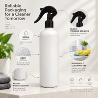 Bouteille pulvérisatrice durable en HDPE de 500 ml avec pulvérisateur à gâchette noir |   Conteneur de nettoyage réutilisable pour la maison, la cuisine, la salle de bain et les surfaces