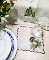 Serviettes de cocktail personnalisées brodées hibou Noël, bordure rouge, en lin naturel, réutilisables pour événements domestiques, bars et fêtes - Vente en gros