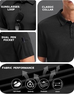 Polo homme noir à manches courtes, séchage rapide, tricoté, respirant, léger, décontracté, couleur unie, boutons. - Product Image 4